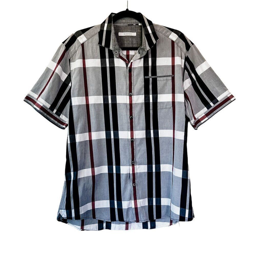 7Diamonds Black White Red Plaid Short Sleeve Collar Button Down Size XL